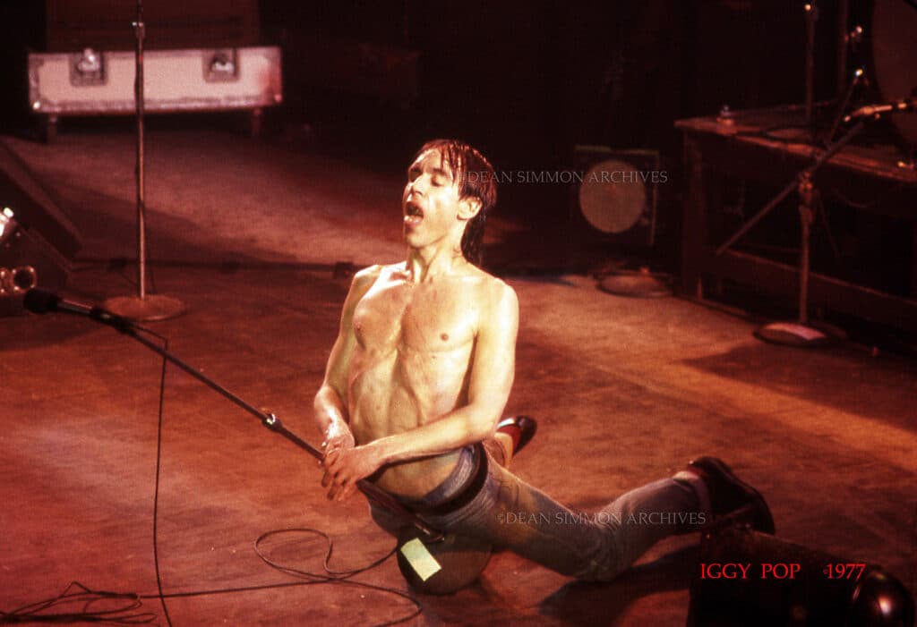 IGGY POP, WITH A PAINFUL MOVE, AT CHICAGO'S RIVIERA THEATRE ON HIS 1977 WORLD TOUR.